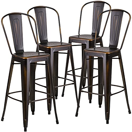 "Flash Furniture Blake Commercial Grade 4 Pack 30"" High Distressed Copper Metal Indoor-Outdoor Barstool with Back"