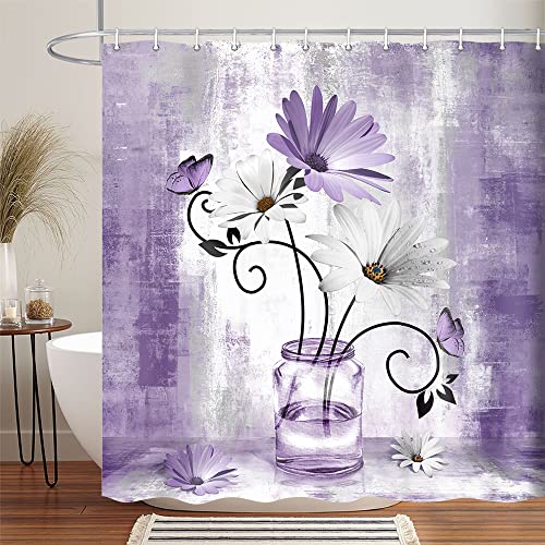 Uokiuki Rustic Farmhouse Floral Shower Curtain, Country Farm Purple Daisy Flowers Butterfly Abstract Shower Curtain Set, Violet Shower Curtains Farmhouse Bathroom Accessories with 12PCS Hooks,70X70IN