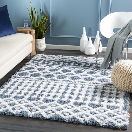 Livabliss Nour Dubai Shaggy Carpet 200x290 cm – Modern Berber Style for Living Room & Bedroom, Soft Plush Thick Pile, Easy Care Floor Covering, Dark Blue White