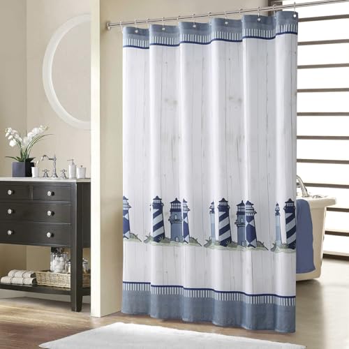 "BESTRIPES Long Fabric Shower Curtain, Lighthouse Shower Curtain, Blue and White Nautical Shower Curtains for Bathroom, 62"" W x 78"" H"