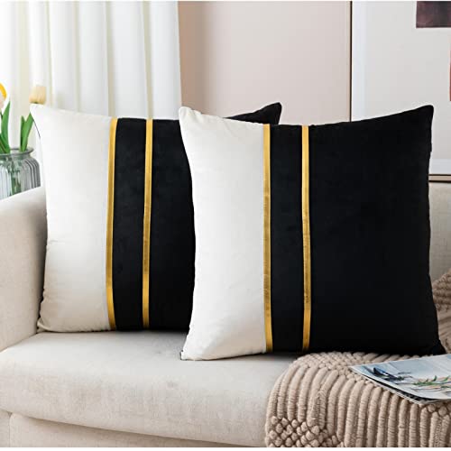 ZLINA Set of 2 Velvet Decorative Throw Pillow Covers Black White Patchwork with Gold Leather Pillow Covers 20 ?? 20 Inch Cushion Covers Decor Living Room Sofa Bedroom Car