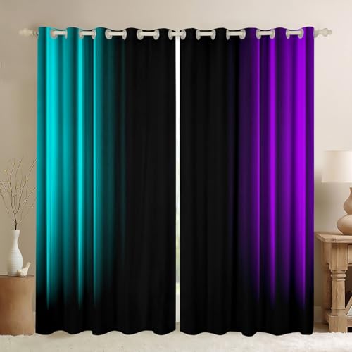 Feelyou Abstract Ombre Decorations Curtains for Kids Teens Women Teal Purple and Black Window Drapes Treatments Geometric Modern Window Curtains Bedroom, 42W X 63L,2 Panels