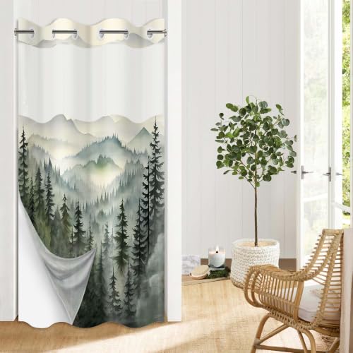 "Foggy Mountain Hookless Shower Curtain with Snap in Liner, Nature Woodland Forest No Hook Double Layer Shower Curtain and Liner Set, Ringless with Window Waterproof Cloth Fabric, 36"" W x 74"" L"