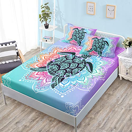 HOSIMA Mandala Sea Turtle Queen Bedding Sets,1 Fitted Sheet+2 Pillowcases. - Coastal Beach Themed Fitted Sheet Set for Kids Teen Girls Boys Room Decor,Sea Turtle Fitted Sheet Set
