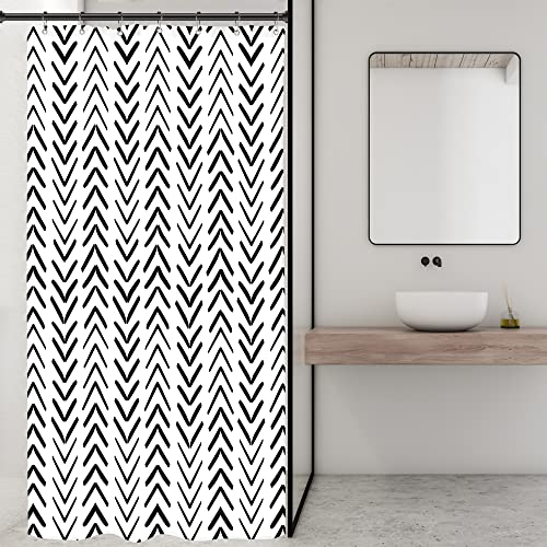Riyidecor Boho Black White Stall Small Half Size Shower Curtain 36x72 Inch Geometric Chevron Herringbone Striped RV Single Narrow Tiny Walkin Dorm Decor Fabric Bathroom Set Polyester Waterproof