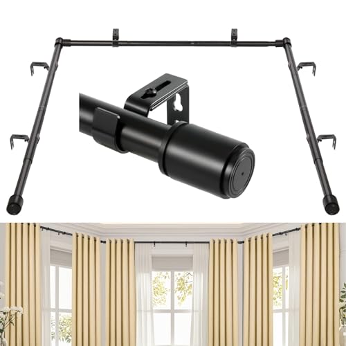 Anndason 1 Inch Bay Window Curtain Rods Set 30-87 Inch Center Rod, 30-63 Inch Side Rods, Black Metal Iron Finish