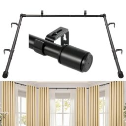 Anndason 1 Inch Bay Window Curtain Rods Set 30-87 Inch Center Rod, 30-63 Inch Side Rods, Black Metal Iron Finish