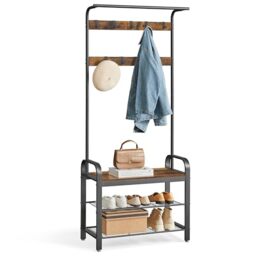 VASAGLE Coat Rack, Coat Stand with Shoe Storage Bench, 4-in-1 Design, with 9 Removable Hooks, a Clothes Rail, for Hallway, Entrance, 33.7 x 72 x 183 cm, Industrial, Rustic Brown and Black HSR40B.