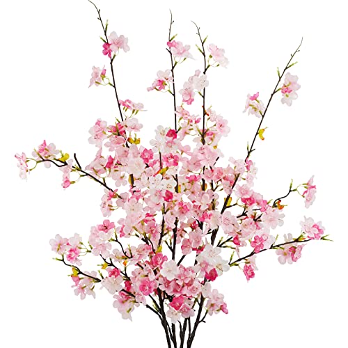 "obbsie 4Pcs Artificial Cherry Blossom Flower Branches, 39.4"" Fake Silk Pink Cherry Blossom Tree Stems Faux Cherry Flowers Vase Arrangements for Home Wedding Table Centerpieces Vase DIY Decor"