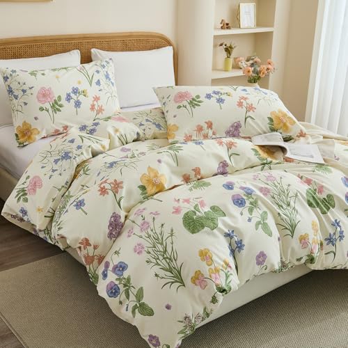 Cozaline 100% Cotton Duvet Cover King Size ??? Botanical Garden Print, Green Floral Duvet Cover Set with Zipper Closure, 3-Piece Soft Breathable Natural Cotton Bedding Set for All Seasons