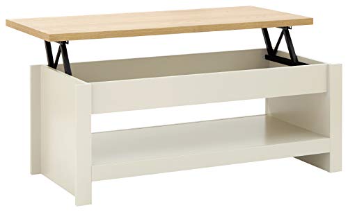 GFW Lancaster Cream and Oak Lift Up Coffee Table, Storage Coffee Table with Raising Top and Lower Shelf, Country Style Living Room Furniture