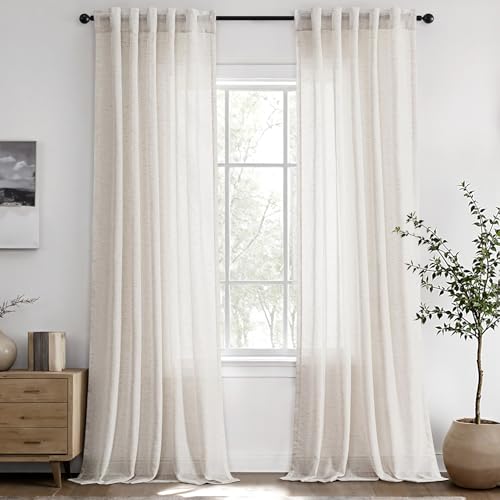 ANRODUO Natural White Semi Sheer Linen Curtains 90 inch Length 2 Panel Set Back Tab Pocket Cotton Textured Gauze Curtains Modern Farmhouse Neutral Rustic Coastal Living Dining Room Decor 37x90