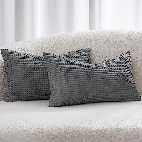 "PHF 100% Cotton Waffle Weave Lumbar Pillow Cover 12"" x 20"", No Filling, 2 Pack Elegant Home Decorative Rectangle Throw Pillow Covers for Bed Couch Sofa, Charcoal Grey"