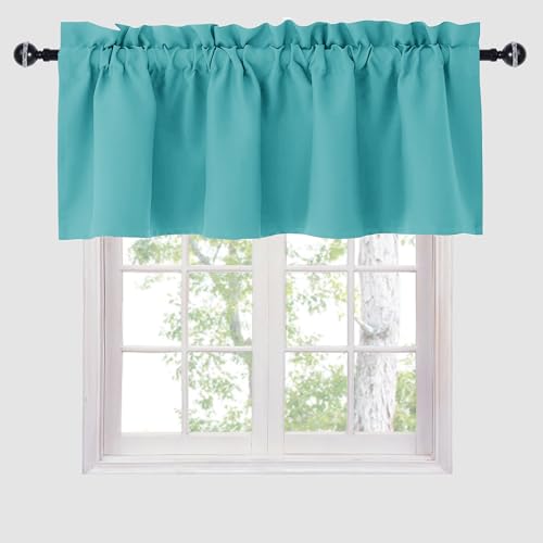Hiasan Blackout Valance Curtains for Kitchen Solid Room Darkening Rod Pocket Valances for Windows, 52 x 18 Inches Length, Turquoise, 1 Panel