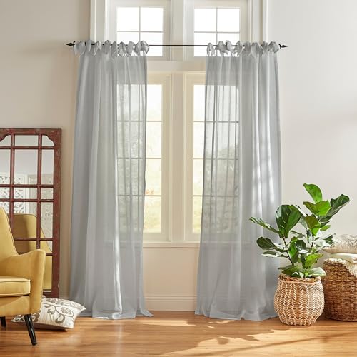 "Elrene Sheer Tie-Top Window-Curtain Panel, Linen, Dusty Blue, 52"" W x 84"" L (Pack of 1)"