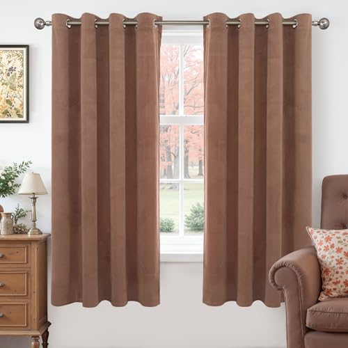 YoungsTex Velvet Curtains 63 Inches Length for Living Room, Thermal Insulated Window Drapes with Grommet Privacy for Bedroom Sliding Door Light Blocking Home Decor, Mocha, 2 Panels, 52 X 63 Inch