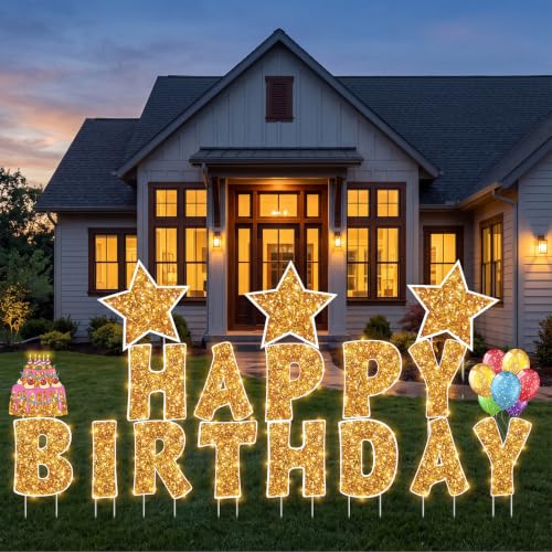 Jetec 18 Pieces Happy Birthday Yard Signs with Stakes, 16 Inches Birthday Outdoor Lawn Signs, Cake Balloon Patio Decorations, Garden Lawn Decorations for Party Outdoor Decor(Gold)