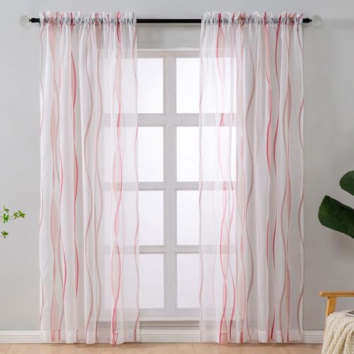 L.Z.E White and Pink Sheer Curtains 63 Inch Length for Living Room 2 Panels Set, Short Voile Sheer Curtains & Drapes for Bedroom Dining Room Kids Room Rod Pocket Wave Pattern Window Sheers (55W x 63L)