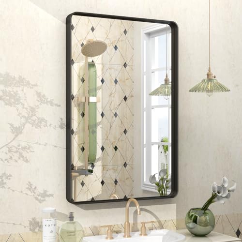 VANLIO 20x30 Black Metal Framed Bathroom Mirror, Matte Black Rectangle Vanity Mirror for Wall, Rounded Corner Modern Farmhouse Mirror, Anti-Rust, Tempered Glass(Horizontally/Vertically)
