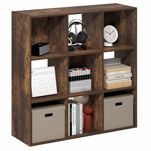Furinno PELLI Book Shelf, 9-Cube Bookshelf, 3x3 Cube Storage Organizer Bookcase, 29.7 x 89.7 x 89.9 cm, for Organization and Storage, for Living Room, Bedroom, Home Office, Amber Pine