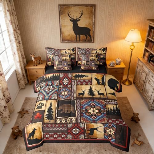 Erosebridal 7 Piece Rustic Cabin Plaid Comforter Set Full,Rustic Farmhouse Aztec Bedding Sets for Kids Teens Men,Retro Hunting Wild Animals Bed in a Bag with Sheets,Country Woodland Pine Tree Bed Set