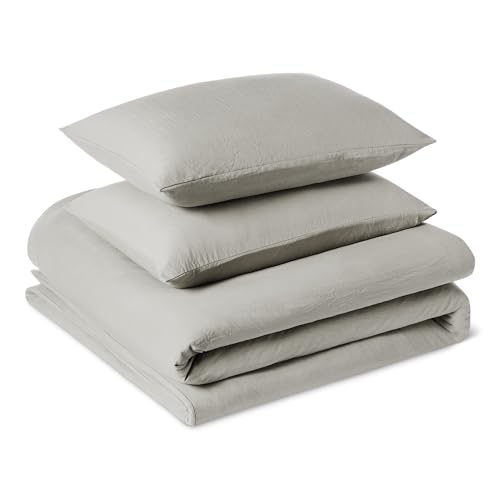 Amazon Basics 3-Piece Brushed Microfibre Double Duvet Set, Extra Soft Bedding, Relaxed Lived-In Look with Natural Creases, No Ironing Required, Duvet Cover 200x200 cm & 2 Pillowcases 50x80 cm, Grey