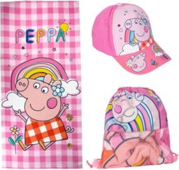 KP Pharma Peppa Pig Kids Towel, Cap & Drawstring Bag Set – 3-Piece Summer Outdoor Kit for Girls – Soft 70x140cm Beach Towel, Cute Baseball Hat & Lightweight Gym/Swim Bag