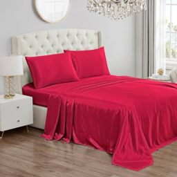Juicy Couture Queen Size Satin Bed Sheet Set, 4 Piece Set with 1 Fitted Sheet, 1 Flat Sheet, and 2 Pillow Cases, Wrinkle Resistant and Anti Pilling Satin Bed Sheets - Hot Pink