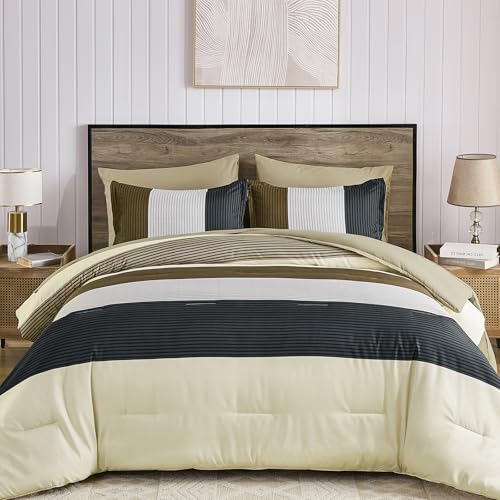 Anibedding 7 Pieces Striped King Size Comforter Set, Soft Microfiber Down Alternative Farmhouse Bedding All Season with Comforter, Pillow Shams, Flat Sheet, Fitted Sheet and Pillowcases