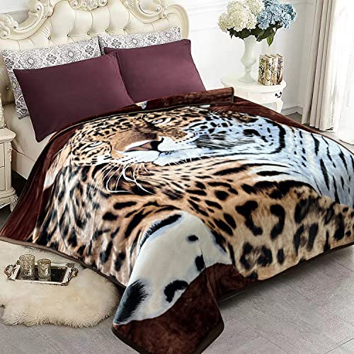"JYK Korean Mink Fleece Blanket for King Bed 83"" X 91"", 5.7 LB - 2 Ply Reversible Soft Warm Plush Flannel Blanket (King, Tiger/Leopard)"