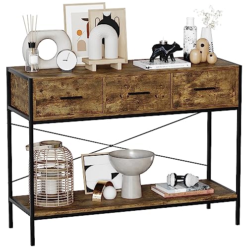 Vida Designs Brooklyn Console Table Hallway Living Room Rustic Shelf Industrial Storage Furniture (Dark Wood, 3 Drawer)