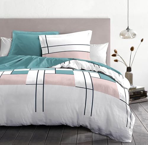 Duvet Cover Set 140 x 200 cm – 2 Pieces – Soft Cotton Percale – Duvet Cover + Pillowcase – White & Pastel Blue – The Intriguant Model