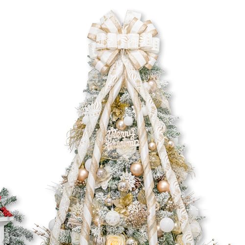 Hismir Christmas Tree Topper Bow, 53x15 Inches Large With Glitter Streamer and Patterned Ribbon, Decorative for Xmas Tree Wreath Door Festival Home Decor (White Gold)