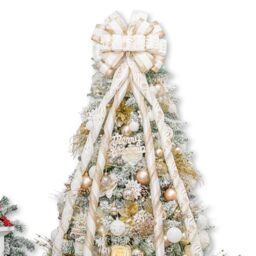 Hismir Christmas Tree Topper Bow, 53x15 Inches Large With Glitter Streamer and Patterned Ribbon, Decorative for Xmas Tree Wreath Door Festival Home Decor (White Gold)
