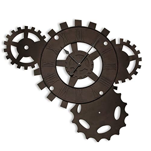 Versa Volga Silent Decorative Wall Clock for Kitchen, Living, Dining Room, Industrial Style with Gear Detail, Dimensions H 71 x W 5 x D 51 cm, Metal, Black, Oxide, Medidas (Al x L x an) 71 x 5 x 51 cm