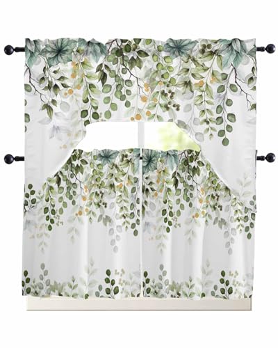 Sage Green Eucalyptus Leaves Swag Curtains Valance and Tier Set, Herb Botanical Rod Pocket Curtain Drapes for Bedroom Bathroom Over Sink Kitchen Curtains 3 Piece Set Swag Valances and 24 inches Tiers