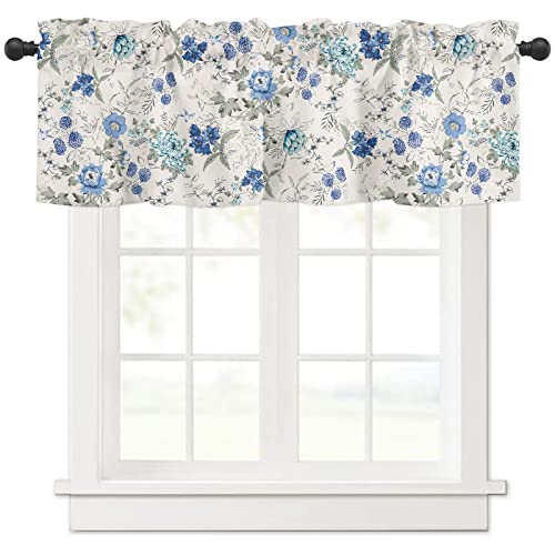 Spring Summer Blue Floral Curtain Valances for Window Kitchen Farmhouse Grey White French Countryside 1 Panel Short Curtains 54x18 inch for Room Decor