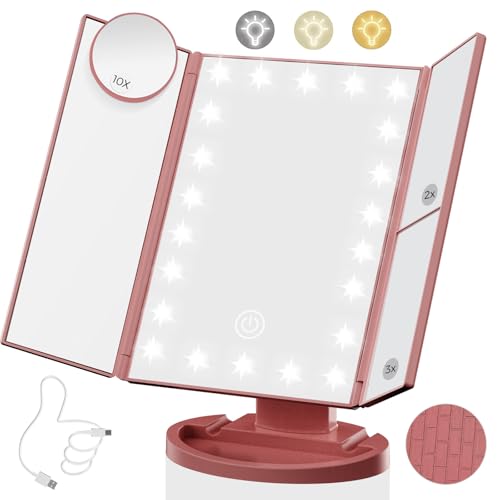 Lighted Makeup Mirror with 22 LED Lights, Dual Power Supply 1x/2x/3x/10x Magnifying Touch Screen Dimmable Mirror, 180 Degree Adjustable Angle, Travel Cosmetic Mirror - Pink Gold