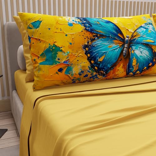 PETTI Artigiani Italiani - Cotton Sheets with Pillowcases in Digital Print, French Queen, Complete Top and Bottom Sheet with Corners, Mariposa 02 Yellow, 100% Made in Italy