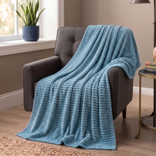 PAVILIA Super Soft Fleece Throw Blanket Dusty Slate Blue, Luxury Fuzzy Plush Flannel Throw, Warm Cozy Ribbed Microfiber Blanket for Sofa Couch Bed, Lightweight Striped Blanket, Blue, 50x60