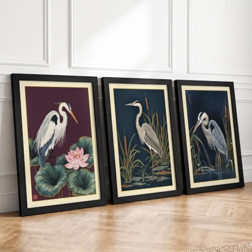 Heron's Wetland Sanctuary Botanical Set of 3 Framed Wall Art Prints A4
