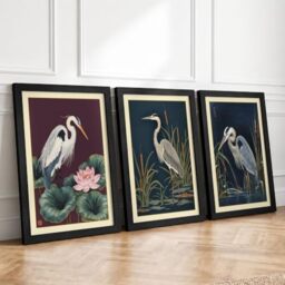 Heron's Wetland Sanctuary Botanical Set of 3 Framed Wall Art Prints A4