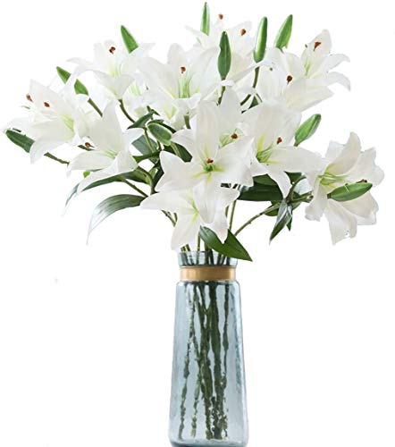 LNHOMY 6 Pack Artificial Lily Flowers Full Bloom Fake Latex Real Touch Artificial Flower Bouquets with 3 Heads Wedding Party Decor Home Decor, (White)