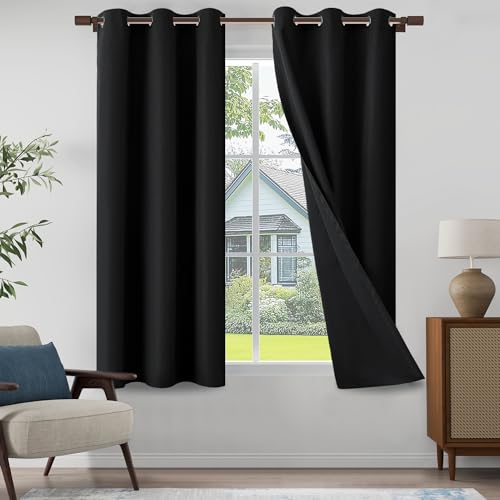 "100% Blackout Linen Textured Curtains 64 Inch Length 2 Panels Set for Farmhouse, Cottage, Light Weight Curtains with Grommets Top, Full Blackout Curtains Privacy Protection, Black, 37"" W x 64"" L"