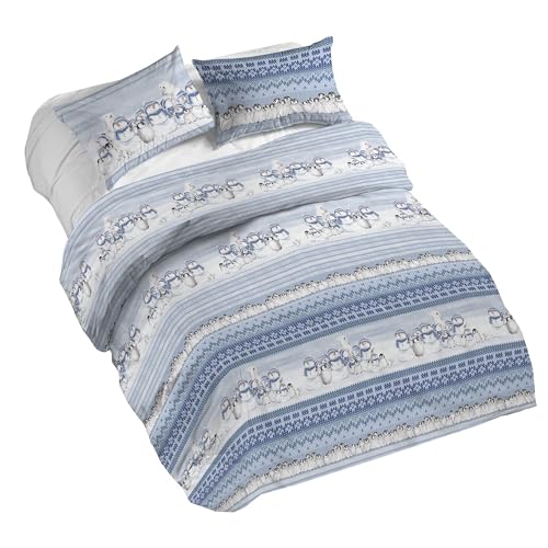 PENSIERI DELICATI 100% Cotton Double Duvet Cover Set, Complete with 250 x 200 cm Bag and 2 Pillowcases 52 x 82 cm, Made in Italy, Duvet Cover Machine Washable at 40 Degrees, Polar Winter Design Blue