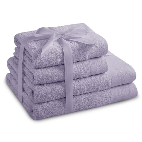 AmeliaHome Set 4pcs 2 Towels 50x100 cm and 2 Bath Towels 70x140 cm 100% Cotton Absorbent Lilac Violet Purple Amari