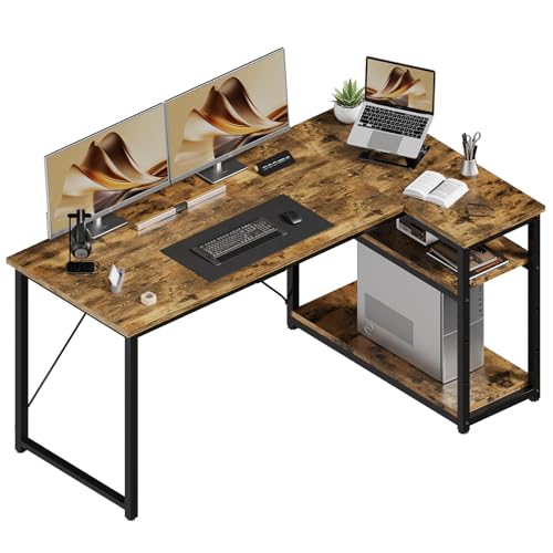 JUMMICO L Shaped Desk 140x80cm with Storage, Corner Computer Desk with Reversible Shelf, Sturdy Office Desk & Workstations for Home Office, Brown