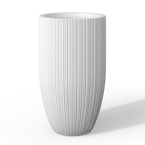 "Kante Planter, Concrete, Textured White, 24"" Tall - Ribbed, Rubber Plug for Indoor, Drainage for Garden, All-Weather Cement Tree Pot, Handcrafted, Anti-UV, Modern Home Decor"