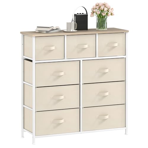 DWVO Chest of Drawers,Fabric Chest of Drawers Bedroom Cabinet with 9 Drawers,Dresser for Bedroom,Living Room With Handles,Wood Top and Sturdy Steel Frame,Cream White