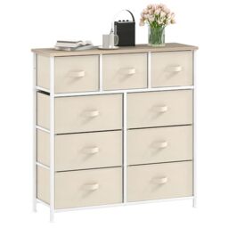 DWVO Chest of Drawers,Fabric Chest of Drawers Bedroom Cabinet with 9 Drawers,Dresser for Bedroom,Living Room With Handles,Wood Top and Sturdy Steel Frame,Cream White